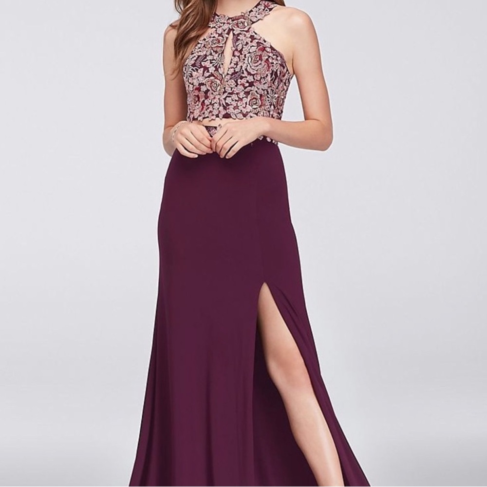 Xscape embroidered floral lace-up top two-piece dress